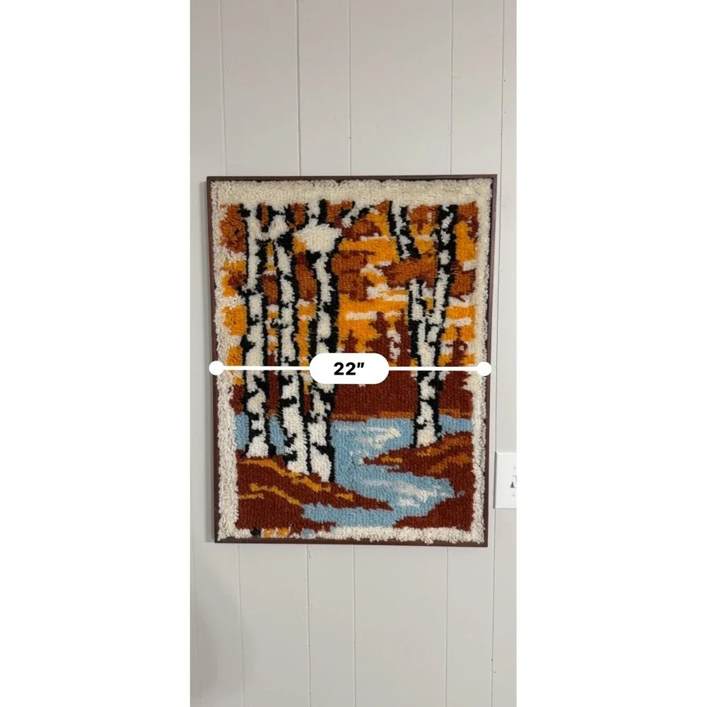 Vintage Latch Hook Rug Wall Hanging Birch Trees Autumn Forest Framed Art 22x30